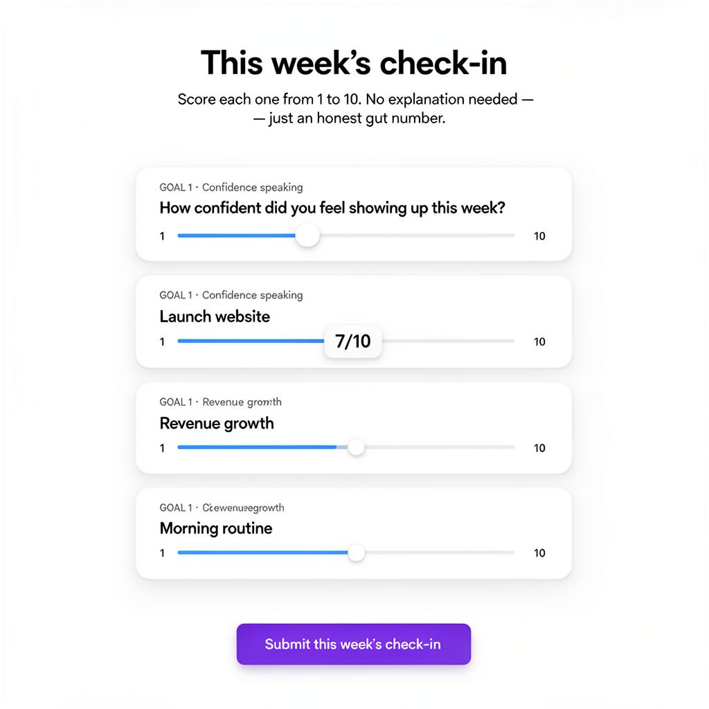 Weekly coaching check-in interface with reflection questions, past sessions, and open commitments