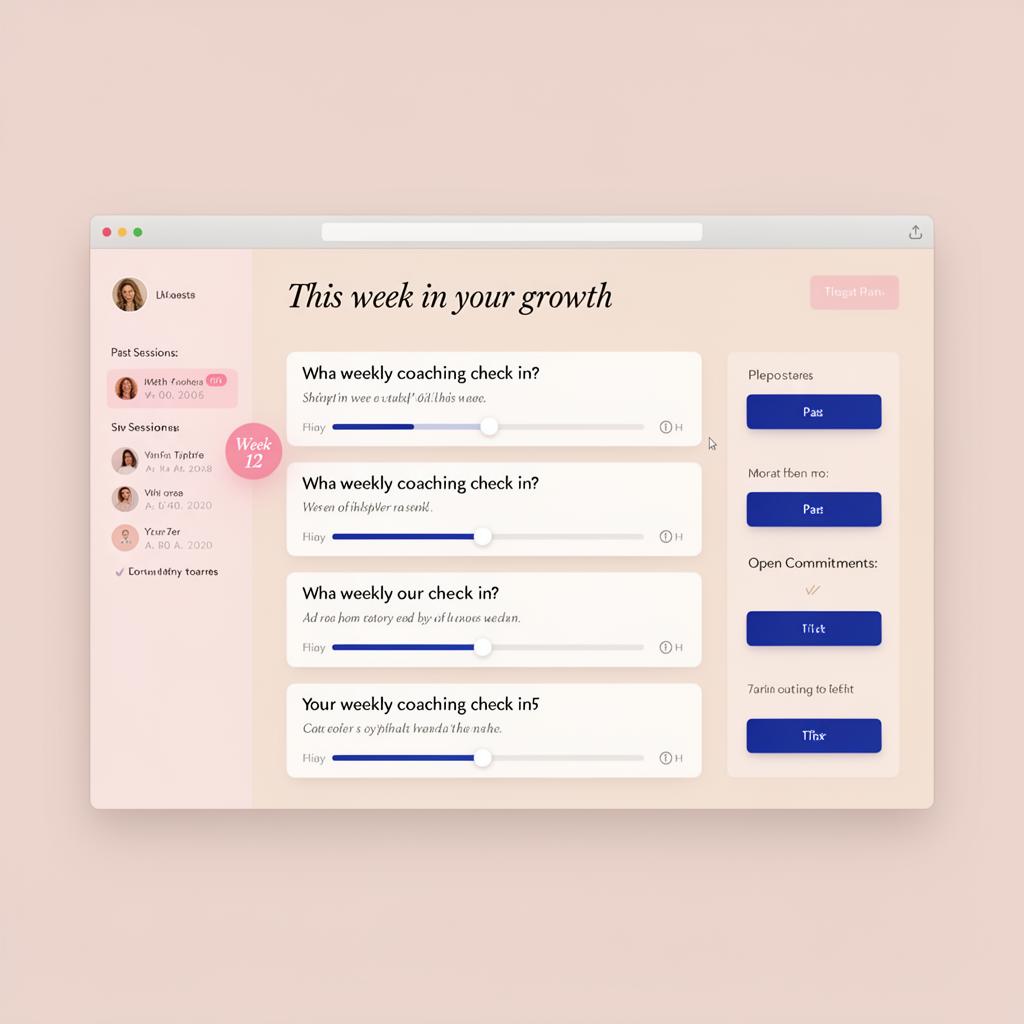 Weekly coaching check-in interface with reflection questions, past sessions, and open commitments