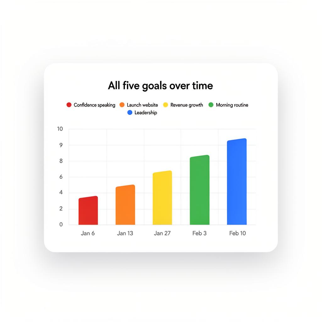 Client growth dashboard showing confidence, consistency, follow-through, and momentum trending upward