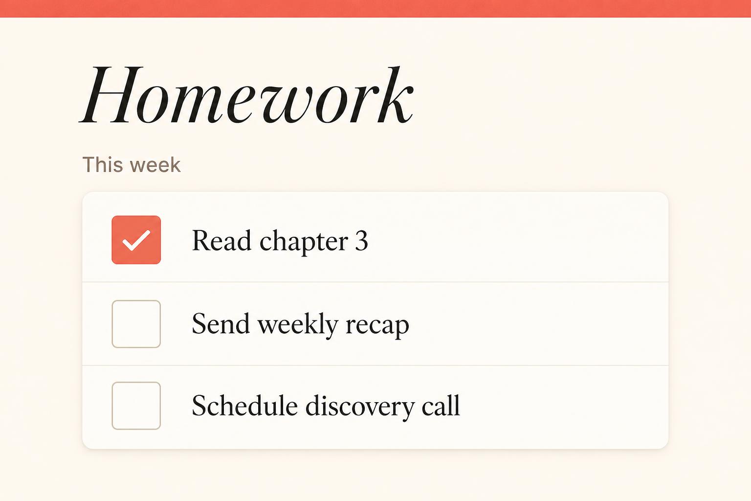 Weekly homework checklist with completed and pending tasks