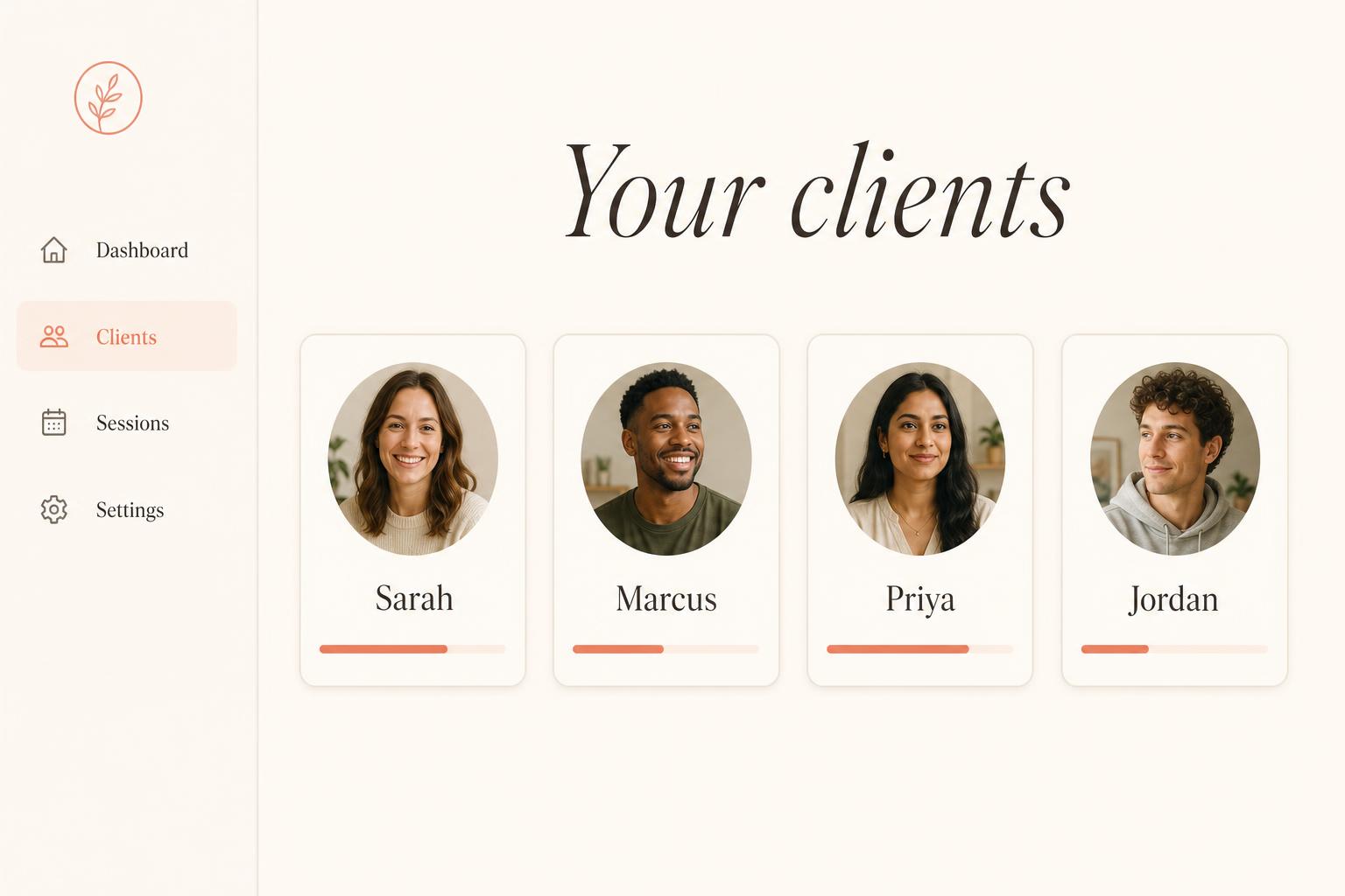 Coach client roster dashboard with progress bars next to each client