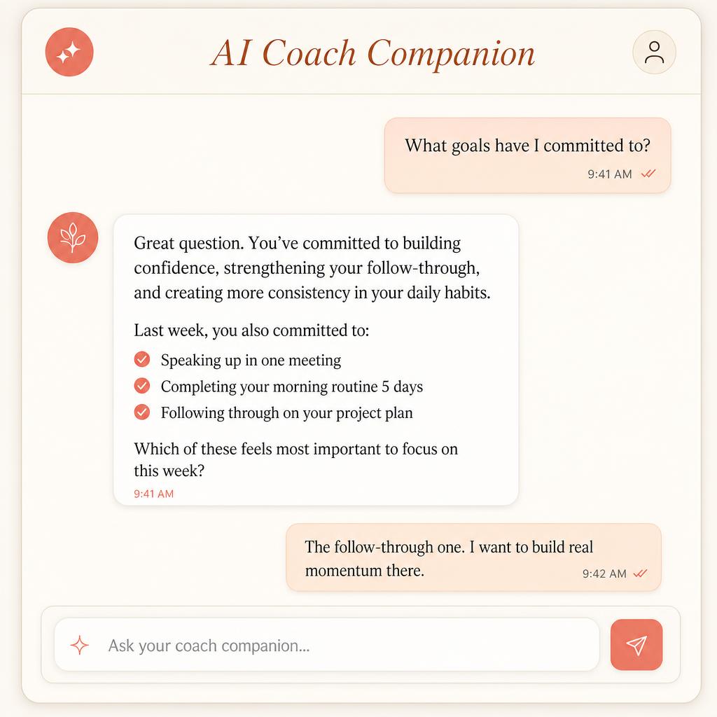 AI Coach Companion chat interface showing reflective coaching conversation